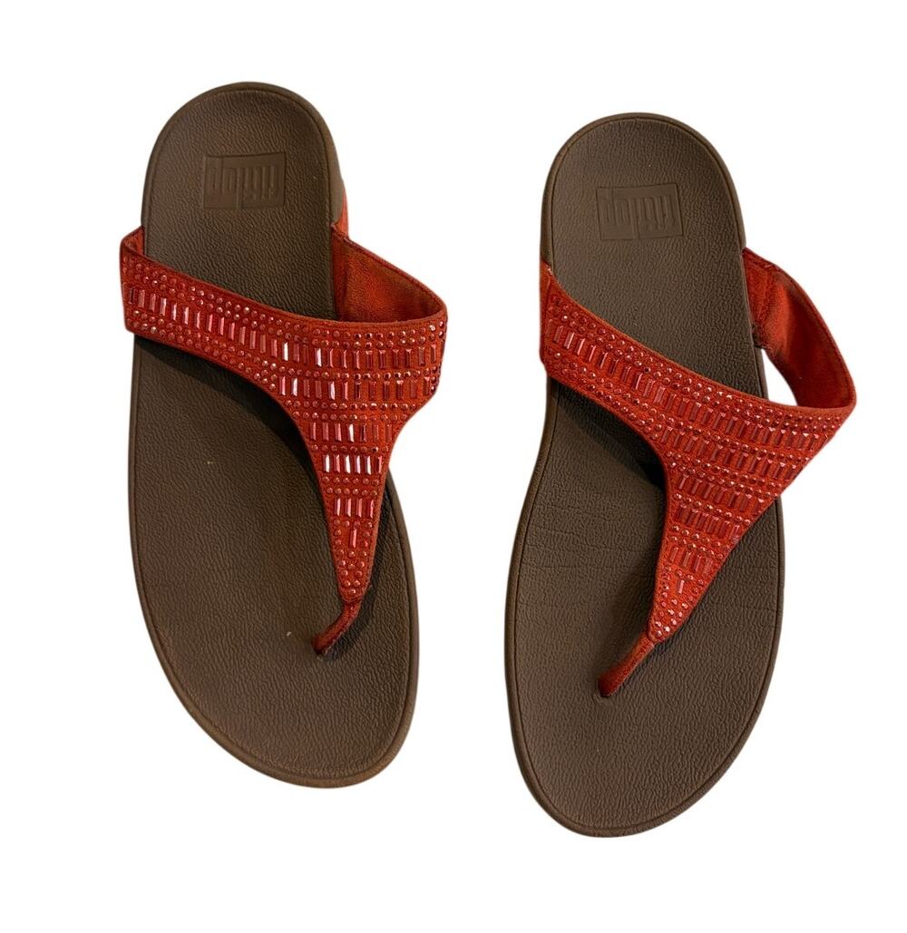 FitFlop Lulu Toe Thong Slip On Wedge Sandals Incastone Jeweled Red Womens 9